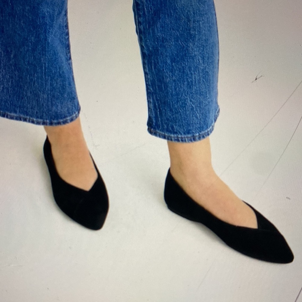 Birdies The Goldfinch Pionted Toe Flat in Caviar Black Suede